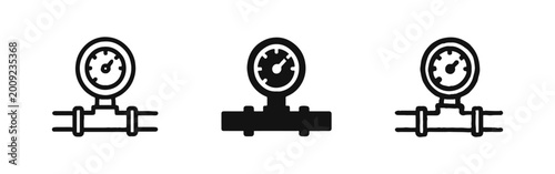 Industrial pressure gauge and pipe measurement icon set in outline, solid, and hand-drawn styles