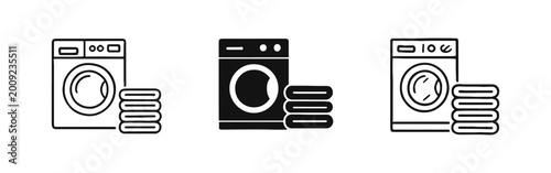Washing machine with laundry pile household icon set in outline, solid, and hand-drawn styles
