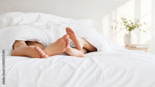 Two people relax under a soft white duvet in a bright bedroom, capturing comfort, intimacy, rest, and peaceful morning lifestyle.