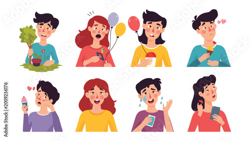 Tableau sur toile Expression Spectrum: A vibrant collection of illustrations capturing a range of human feelings and emotions in diverse scenarios, showcasing a spectrum of expressions