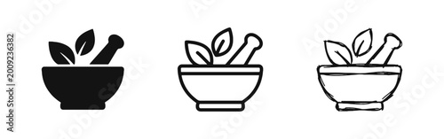 Obraz na płótnie Herbal Medicine and Natural Pharmacy Icon, Mortar and Pestle with Leaves for Hol
