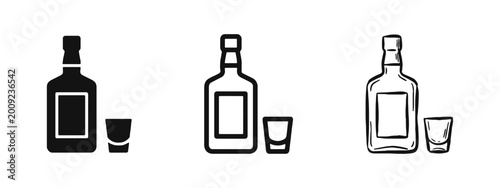 Φωτογραφία Liquor Bottle and Shot Glass Alcohol Icon Set in Glyph Outline and Sketch Styles