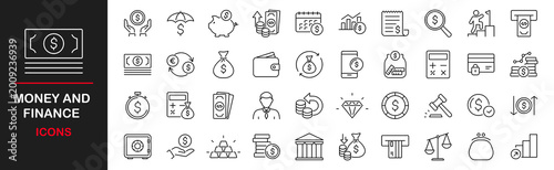 Money and finance icon set. Contains such icons as wallet, atm, bundle of money, cash, saving, financial goal, profit, budget, hand with a coin and more. Vector illustration