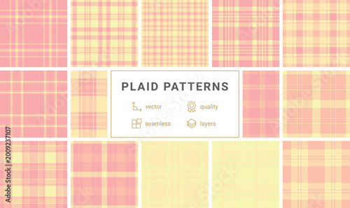 This seamless pastel pink and yellow plaid tartan pattern offers a soft, elegant aesthetic. Ideal for nursery textiles, spring backgrounds, gift wrap, and versatile creative digital designs.