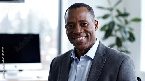 Smiling African american businessman in a suit in an office