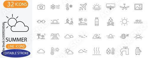Summer Line Icons Set. Features icons of sun, palm trees, cooling, and sunglasses. Perfect for travel blogs, vacation apps, and seasonal designs