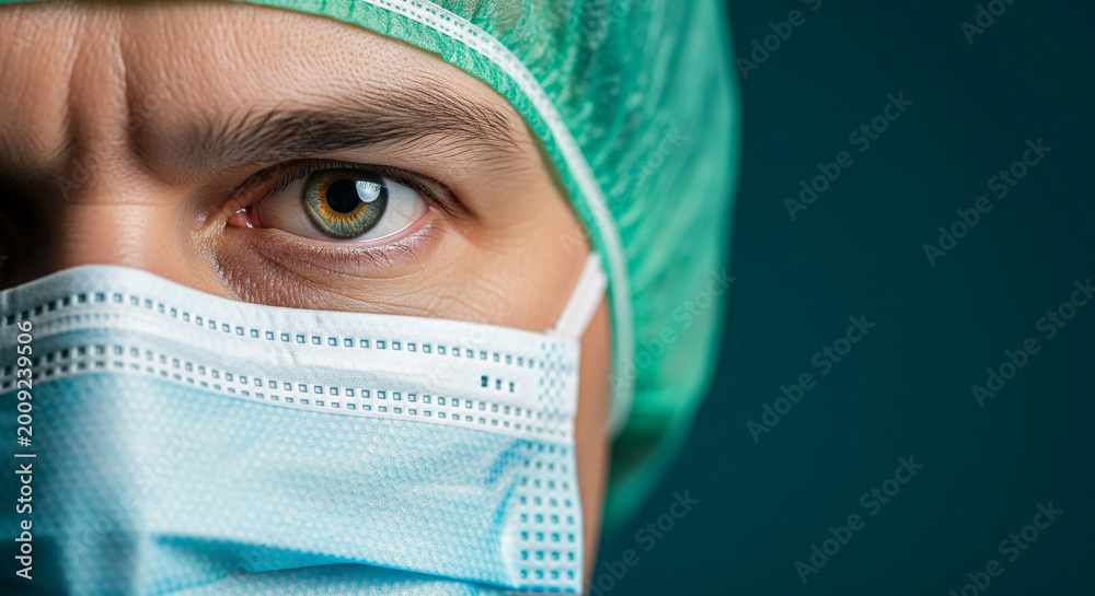 © KAMRAN - Intense gaze of professional male doctor wearing surgical mask perfect for emergency healthcare and medical safety posts