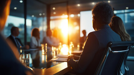 Cinematic close up of softly defocused silhouettes seated at a bright glass walled boardroom table during a seminar with a large glowing display behind board meeting seminar