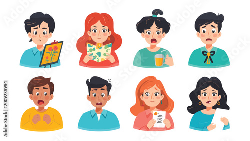 Фотография Expressions of Discomfort: A collection of illustrations depicting individuals experiencing a range of worried expressions, capturing diverse feelings of concern and unease