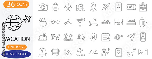 Vacation Line Icons Set. Features icons of travel, location, passports, suitcases, hotel, and tropical drinks. Perfect for travel agency websites and UI design.