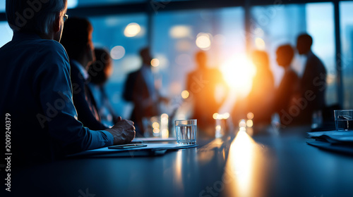 Cinematic wide view of silhouetted business figures gathered around a bright softly defocused boardroom table during a presentation with a glowing slide deck on a large display