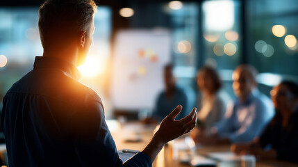 Cinematic side view of a silhouetted speaker standing near a bright softly defocused whiteboard presenting to a seated team of silhouettes in a casual meeting space whiteboard