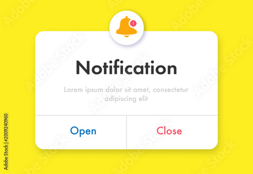 Notification window popup alert ui interface with button open and close for mobile reminder, phone app, web vector