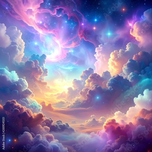 Celestial Clouds Fantasy Illustration In Vibrant Pink And Purple Swirling Nebula With Glowing Stars And Space Background