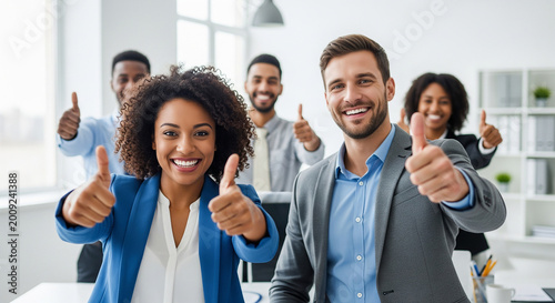 Happy diverse corporate team showing thumbs up perfect for positive company culture and successful business communication