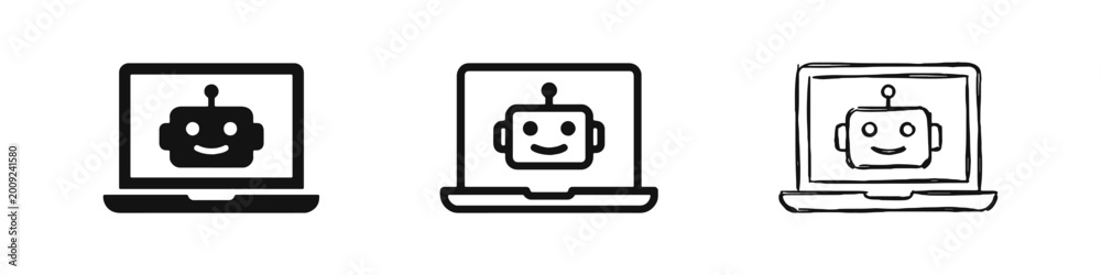 Naklejka premium Laptop with Chatbot AI Robot Icon Set in Solid Outline and Sketch Style