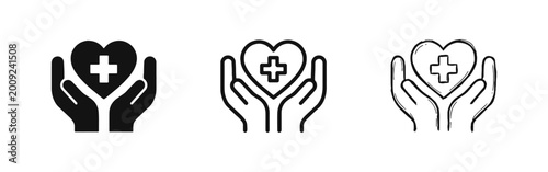 Fotografía Medical Heart Care and Charity Support Icons in Solid Outline and Hand Drawn Sty