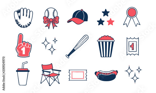 Baseball Fan Accessories And Stadium Items Vector Icon Set In Line Art Style.