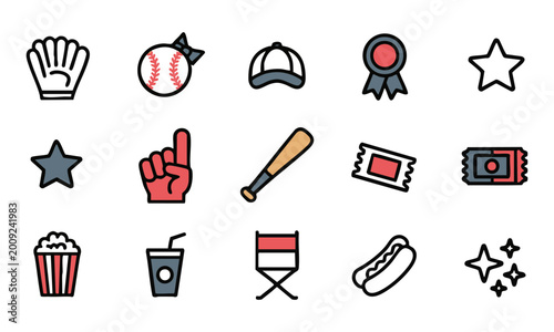 Cute Baseball Doodle Icons Collection With Minimal Line Art Vector Design.