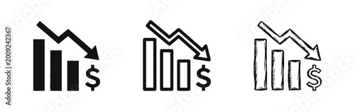 Εκτύπωση καμβά Economic crisis and financial loss icons set showing downward chart with dollar