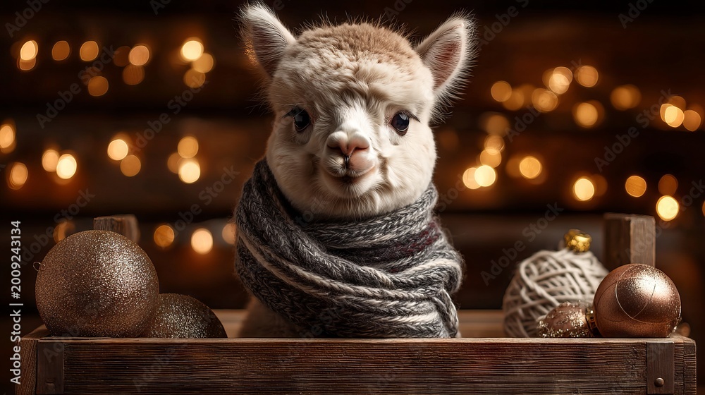 Fototapeta premium Adorable Alpaca Wearing Scarf Sitting in Decorated Wooden Basket