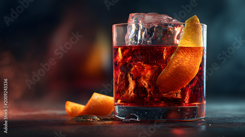 Negroni Cocktail with Ice Cube and Orange Peel