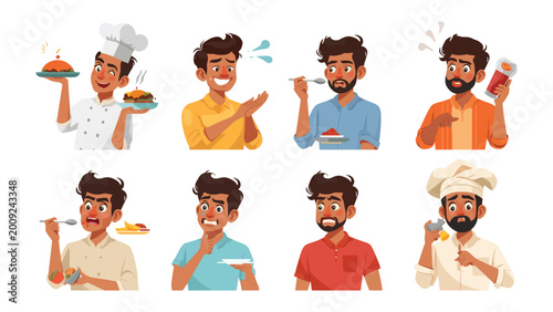 Foto Culinary Expressions: A collage showcasing diverse emotions, with people experiencing the joy and disappointment of food