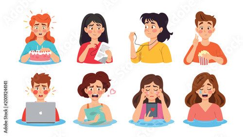 Foto Emotions Illustrated: A collection of eight individuals, each depicting distinct expressions of worry and stress, encompassing a range of challenging situations and inner turmoil
