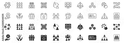 Minimalist outline vector icon set representing teamwork, people, and business collaboration concepts. Collection includes group communication, meetings, partnerships, organizational structure, planni