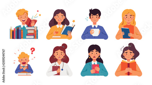 Bild auf Leinwand Diverse Emotions in Focus: A collage of individuals, each absorbed in a book, reveals a spectrum of emotions and experiences through reading