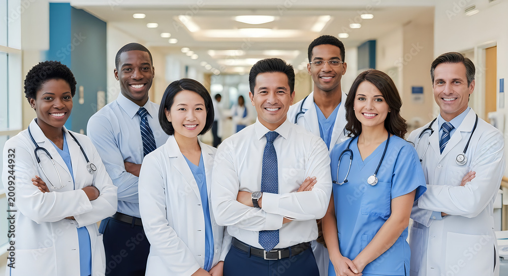 Fototapeta premium Diverse medical team of smiling doctors and nurses, professional healthcare staff in hospital corridor, multiethnic group of medical practitioners isolated on White Background