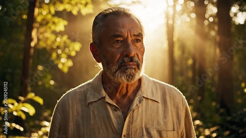 Elderly man walking in sunlit forest path