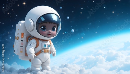 Cute Little Astronaut in Space Above Earth, Cartoon Space Explorer Character, Kids Sci-Fi Adventure, Future Space Travel Concept, Adorable Cosmonaut Illustration