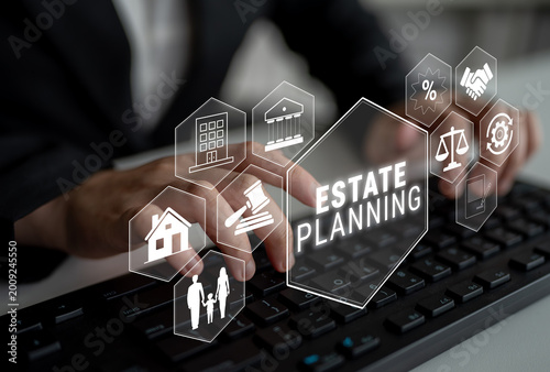 Konstfotografi Professional Hands Typing on Keyboard with Estate Planning Concept Overlaid, Featuring Icons of Law, Property, and Family Relationships for Financial Security Quark