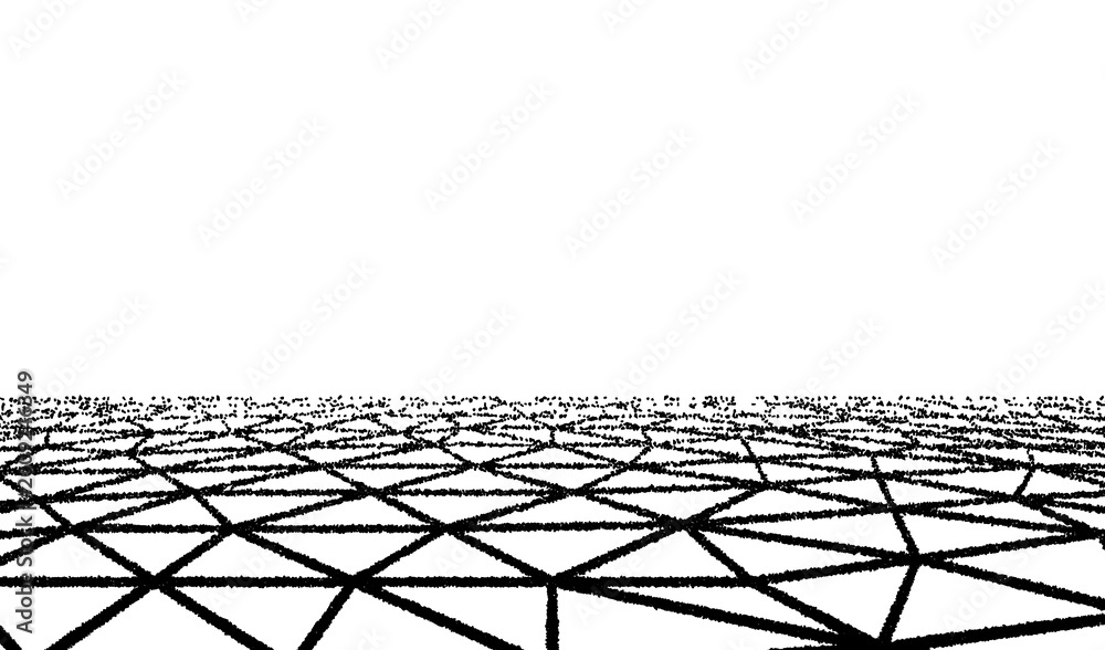 Naklejka premium Cracked ground with horizon, retro dotwork wireframe triangulated mesh plane in perspective on transparent background