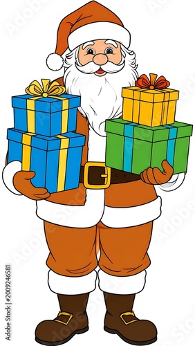 Cheerful Santa Claus Cartoon Illustration Holding Stacked Colorful Gift Boxes Isolated On White Background For Christmas Holiday Design