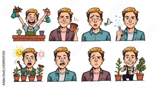 Konstfotografi Gardening Man's Palette of Emotions: A collection of expressions showcasing a gardener's spectrum of feelings while nurturing plants, capturing the essence of the garden's touch