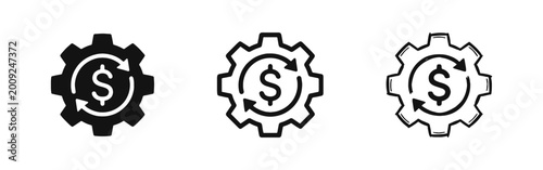 Financial processing gear icon set. Money management, investment, and currency exchange symbols.