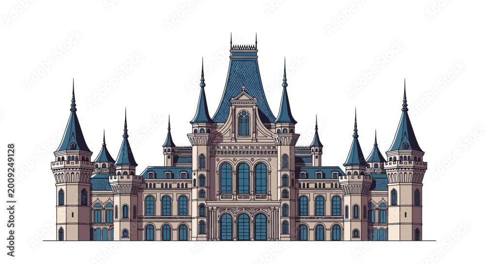 Fototapeta premium The historic Gothic architecture of the medieval Budapest Castle stands as a landmark tower under the night sky, reflecting the rich European travel history of this old city palace building