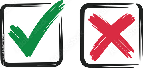 Hand drawn check mark and cross mark icons in square boxes Vector
