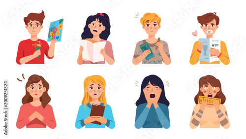 Photos Reader's Reactions: A diverse group of readers, each engrossed in their books, showcases a spectrum of emotions—surprise, joy, fear, and wonder—creating a tapestry of literary immersion