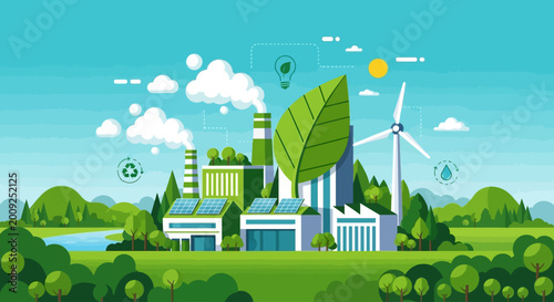Photos Green factory with wind turbine and solar panels for sustainable energy illustra