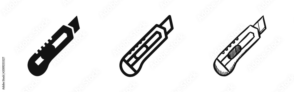 Fototapeta premium Set of Utility Knife and Box Cutter Icons in Different Graphic Styles