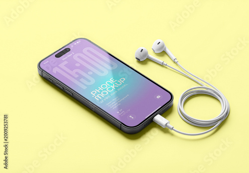 Phone Mockup With Earphones on Editable Background. Isolated Smartphone For Product Placement
