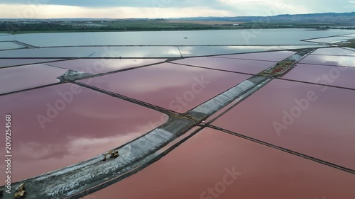 Aerial View of Pink Salt lake or evaporation ponds near Burgas Bulgaria