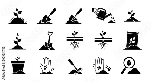 Bilde på lerret A collection of gardening icons showing various actions and tools for planting and nurturing plants