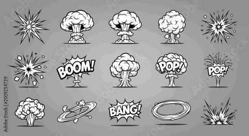 Canvastavla Explosion and burst illustrations showcase various cartoon-style atomic bombs detonating in air with comic sound effects