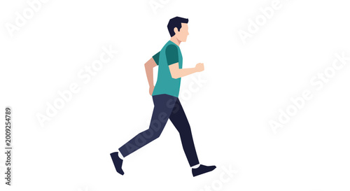 Fotografija A man wearing a green shirt is running quickly on a road