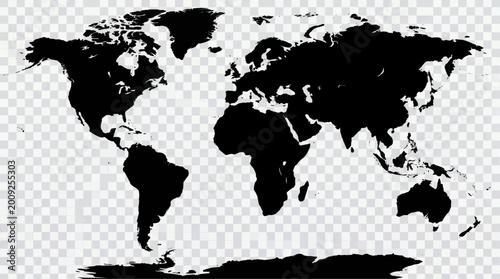 Detailed world map silhouette, black vector