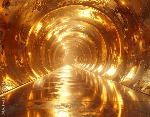 Futuristic Golden Tunnel 3d Render With Reflective Metallic Surfaces And Glowing Circular Rings Leading To A Bright Central Perspective Point